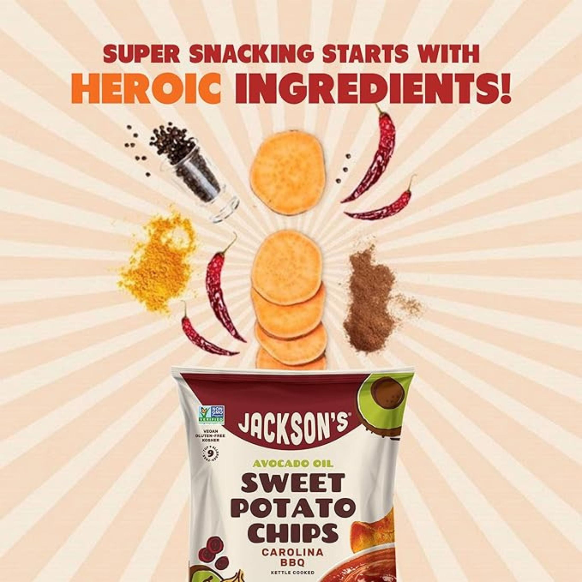 (3 pack) Jackson's Sweet Potato Carolina BBQ Kettle Chips, Avocado Oil, Free of Top 9 Allergens, 5 oz