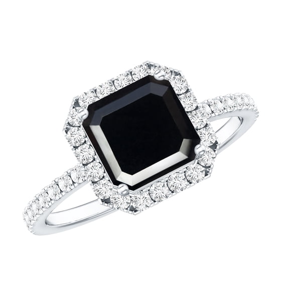 Rosec Jewels Black Onyx Asscher Cut Engagement Ring with Halo - AAA Quality Black Onyx and Diamond Ring - with Jewelry Box, 925 Sterling Silver, US 4.00
