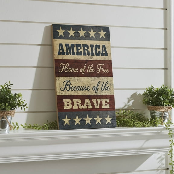 VHC Brands Patriotic AMERICA Home Of The Free Because Of The Brave w/Stars & Stripes MDF Wall Sign 16x10, Independence Day Decor, Decorative Sign, Rustic Farmhouse Fourth of July Decorations