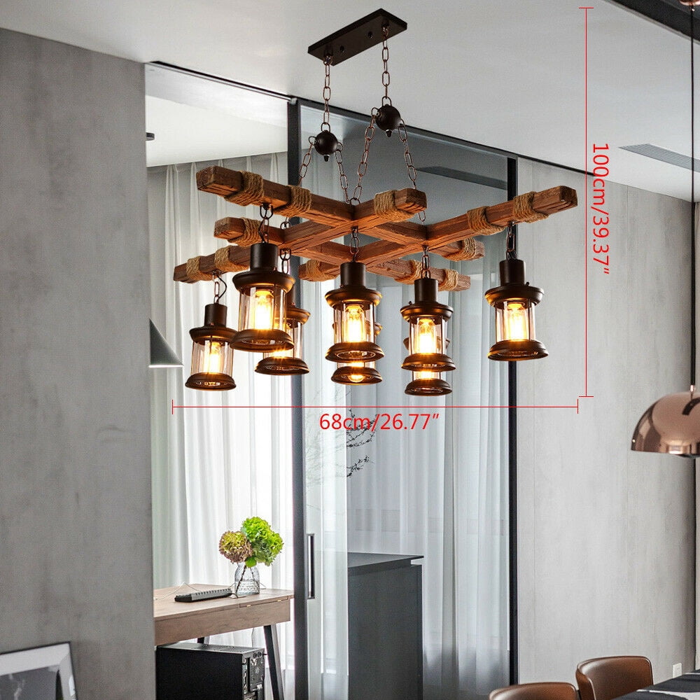 Industrial Vintage Wooden Hanging Pendant Light Fixture 8Lights E27 Bulb Farmhouse Chandelier Wood Loft Lantern for Coffee Shop Restaurant Pool Table Kitchen Island Bar Pendant Light Fixture Farmhouse