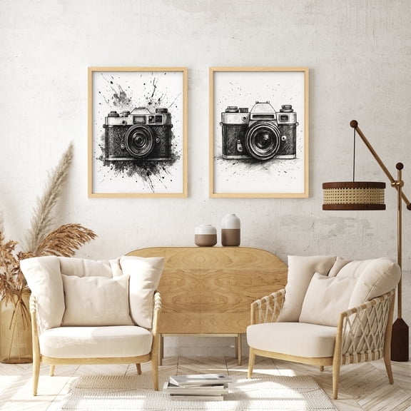 Framed Print Wall Art Set of 2 - Camera Poster Art - 2 Pieces Watercolor Photography Tools Illustration Modern Wall Decor for Living Room - 12"x16"x2 Natural