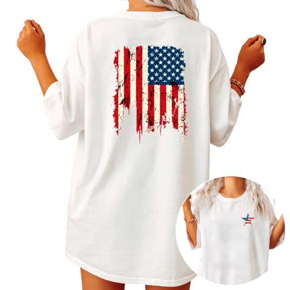 Distressed USA Flag Back Print Graphic Tees Women's 4th of July Patriotic Oversized Tshirt Tops Black/White S-5XL