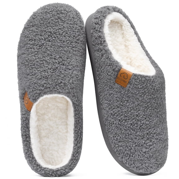 Litfun Memory Foam Fuzzy Slippers for Women Curly Fleece House Shoes Cozy Warm Indoor Slippers, Grey