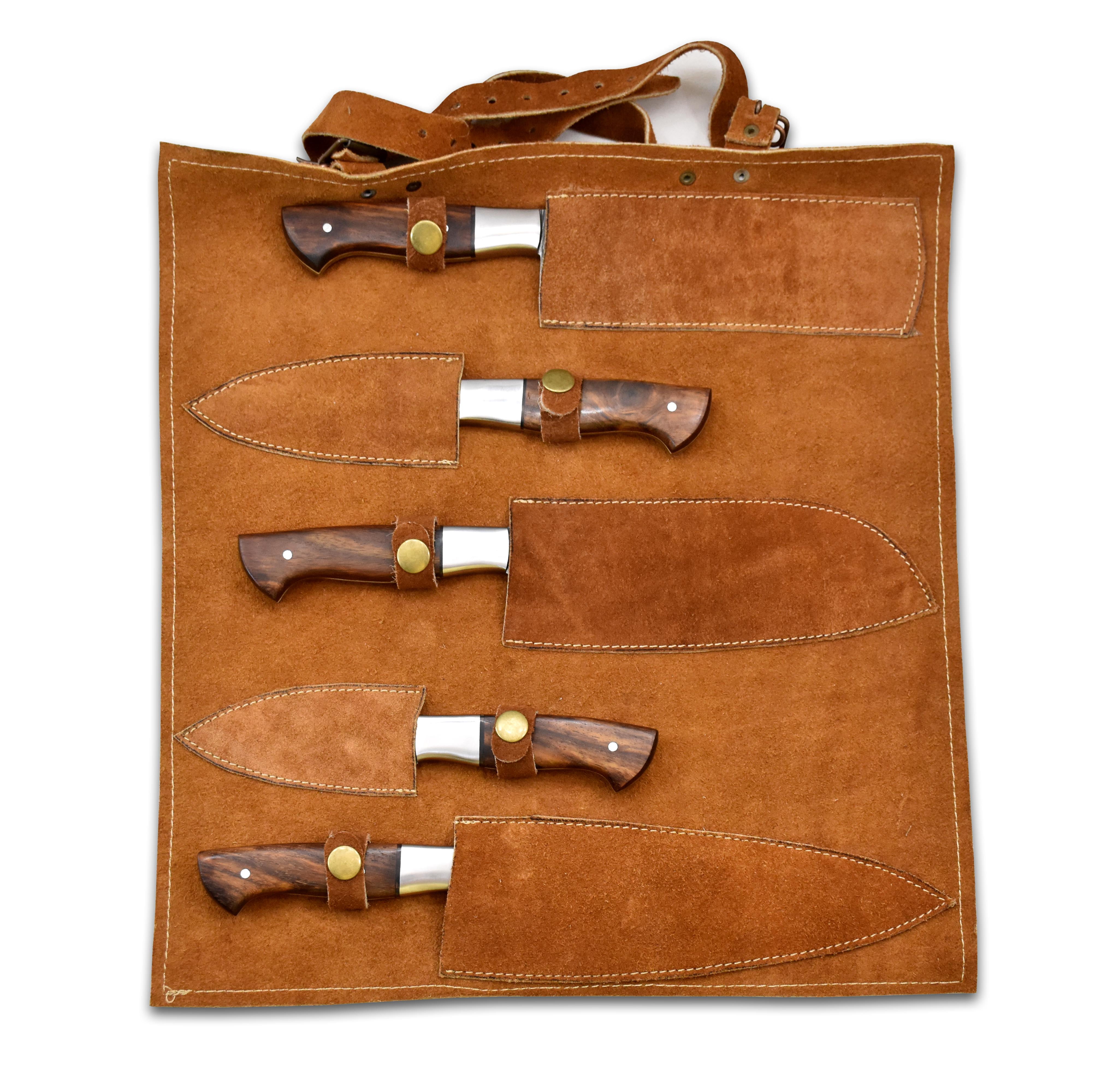 Hercules Knives damascus steel 5 Pieces chef knives set Handmade collectibles kitchen knives set walnut handle with special leather carry case