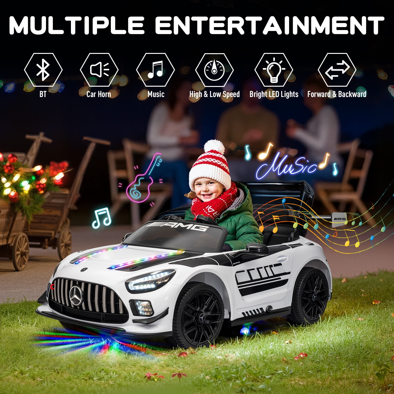 MUKIDY 12V Licensed Mercedes-Benz AMG GT3 Electric Ride on Car Toy for Toddler Kid w/ Remote Control, LED Lights, MP3 Player, White