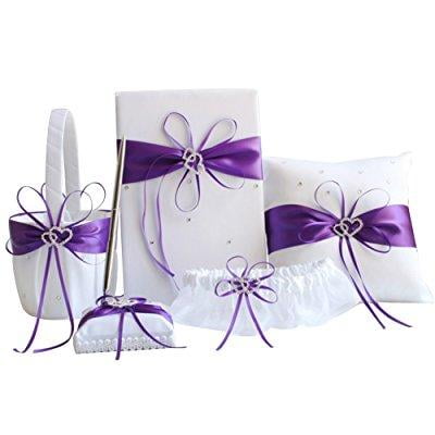 Awtlife 5pcs Sets Purple Wedding Flower Girl Basket Guest Book Pen