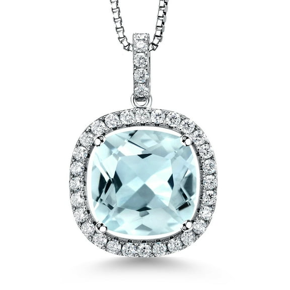 Gem Stone King 925 Sterling Silver Sky Blue Simulated Aquamarine and White Moissanite Pendant Necklace for Women (12.05 Cttw, Cushion 14MM, with 18 inch Silver Chain)