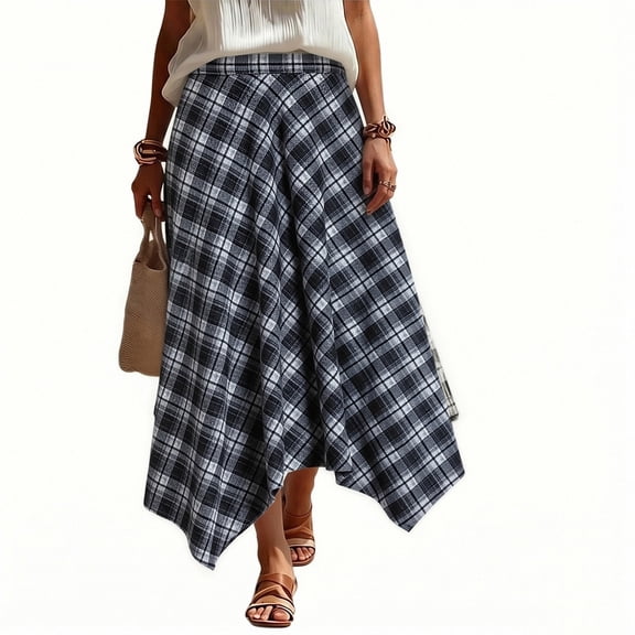PBFRDSJ Women's Plaid Maxi Skirts A Line Vintage Trendy Beach Skirts Asymmetrical Hem Daily Going Out Casual Skater
