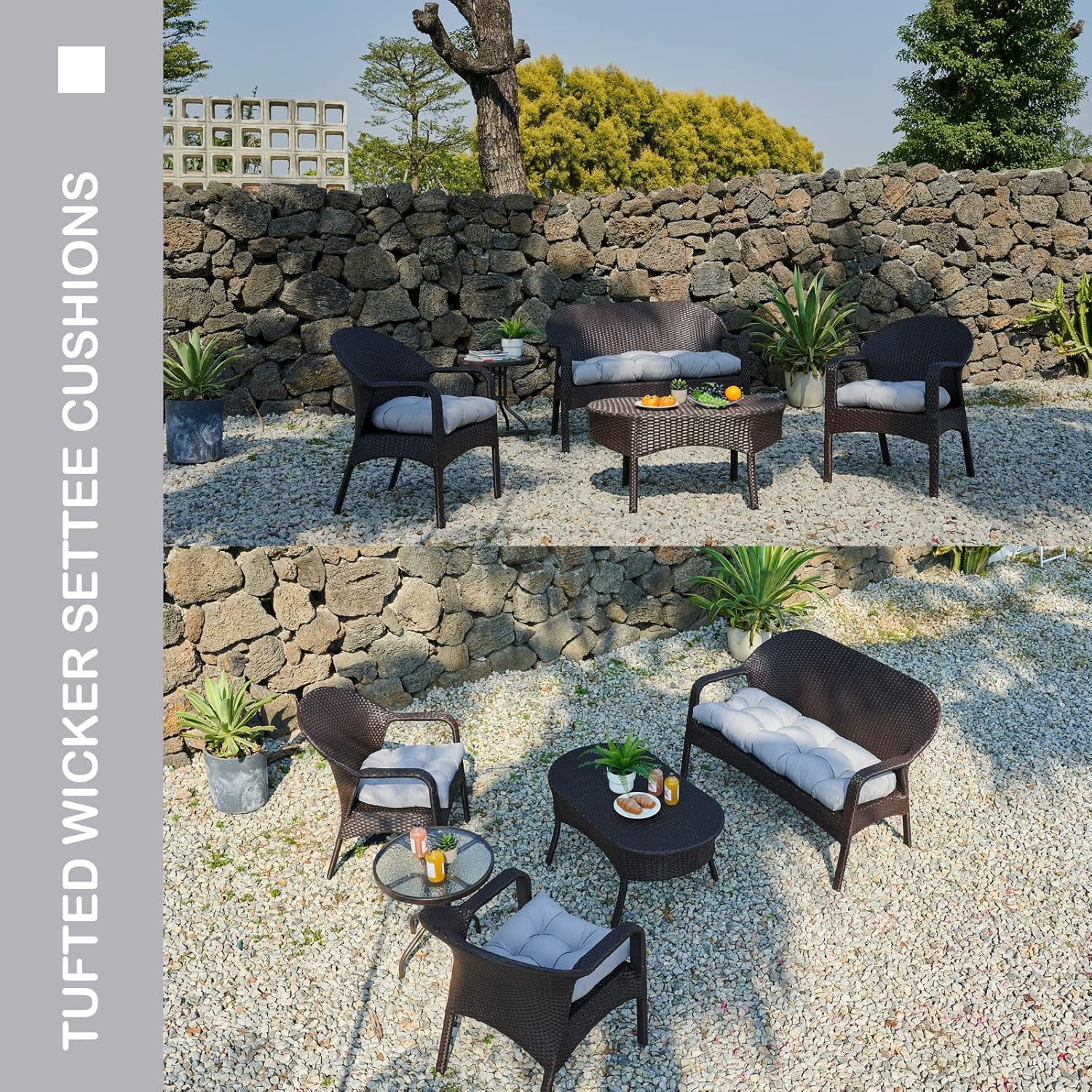 Outdoor/Indoor All Weather Tufted Wicker Chair Cushions of 3 Pieces（2-19*19*4in+1-44*19*4in）, 1 Loveseat and 2 U-Shape Waterproof Cushions for Patio Furniture,Wicker Loveseat,Bench-Grey