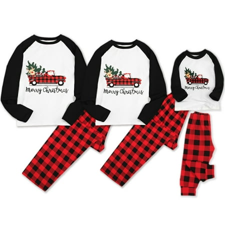 

SYNPOS Christmas Family Matching Pajamas Set Snug Fit Santa Rudolph Tops Plaid Bottoms Holidy 2-Piece PJ’s