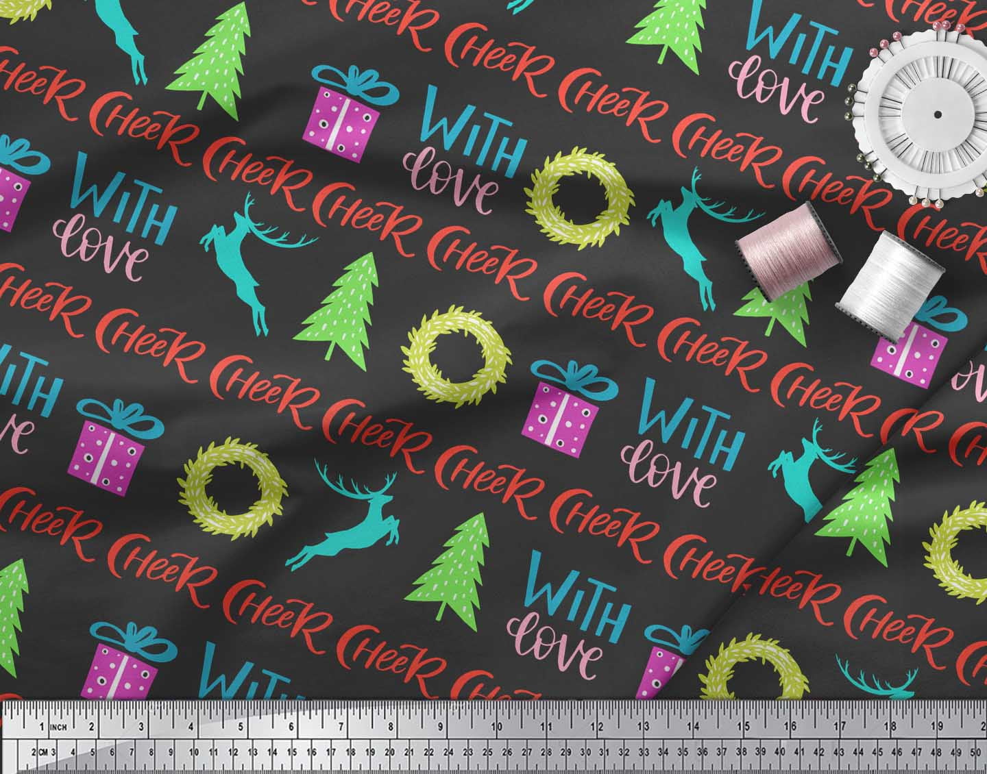 Soimoi Black Rayon Fabric Christmas Tree & Gift Text Printed Craft Fabric by the Yard 56 Inch Wide