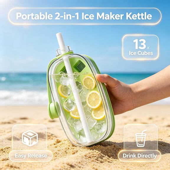 2-in-1 Ice Cube Bottle with Straw - Easy Press Ice Tray Water Bottle, Leak Proof Lid, Vertical Ice Maker for Freezer, Travel, Gym & Home Use (1PCS Green)