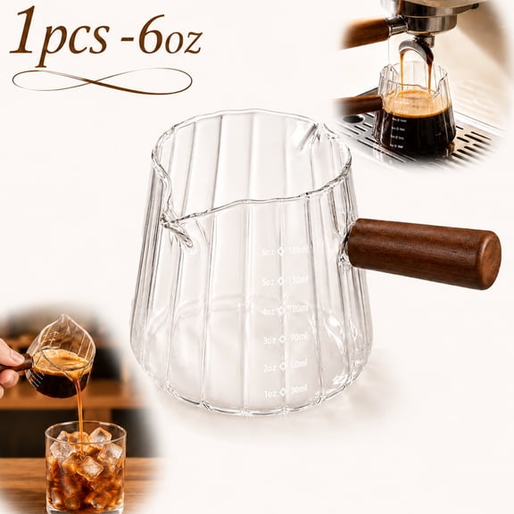 Deally Espresso Cups - Glass Coffee Measuring Cup with Wood Handle, 6oz Double Spout Espresso Shot Cup, V-Shaped Mouth, Measuring Lines for Coffee Lovers,Home Baristas, 1 Pcs