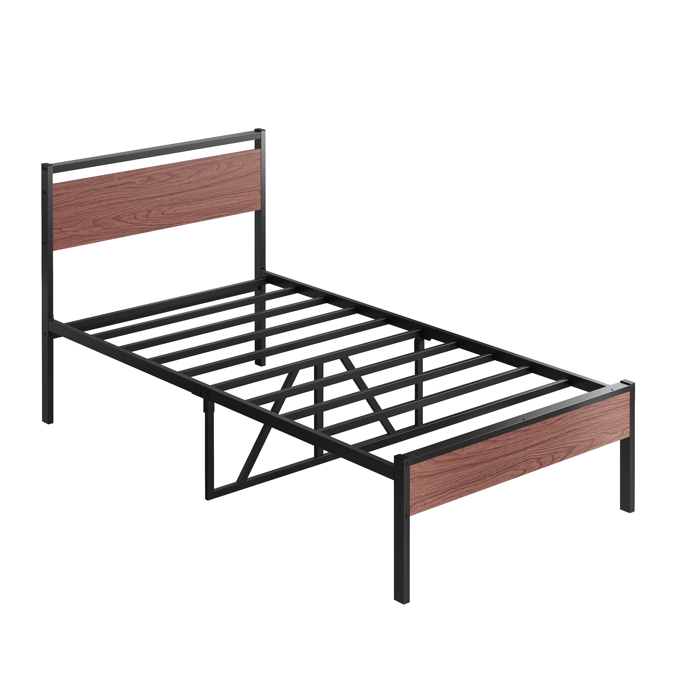 PAPROOS Twin Bed Frame, Metal Twin Bed with Wooden Panel Headboard, Platform Bed with Underbed Storage, Twin Size Metal Bed Frame, No Box Spring Needed, Rustic Brown