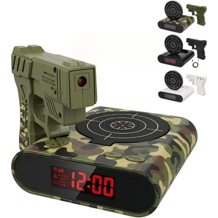 YOHFRFGX Gun and Target Alarm Clock with Shooting Game,LED Display Personalized Bedside Interactive Fun Gadget, YOHFRFGX Target Creative Clocks for Home Office and Heavy Sleepers (Green)