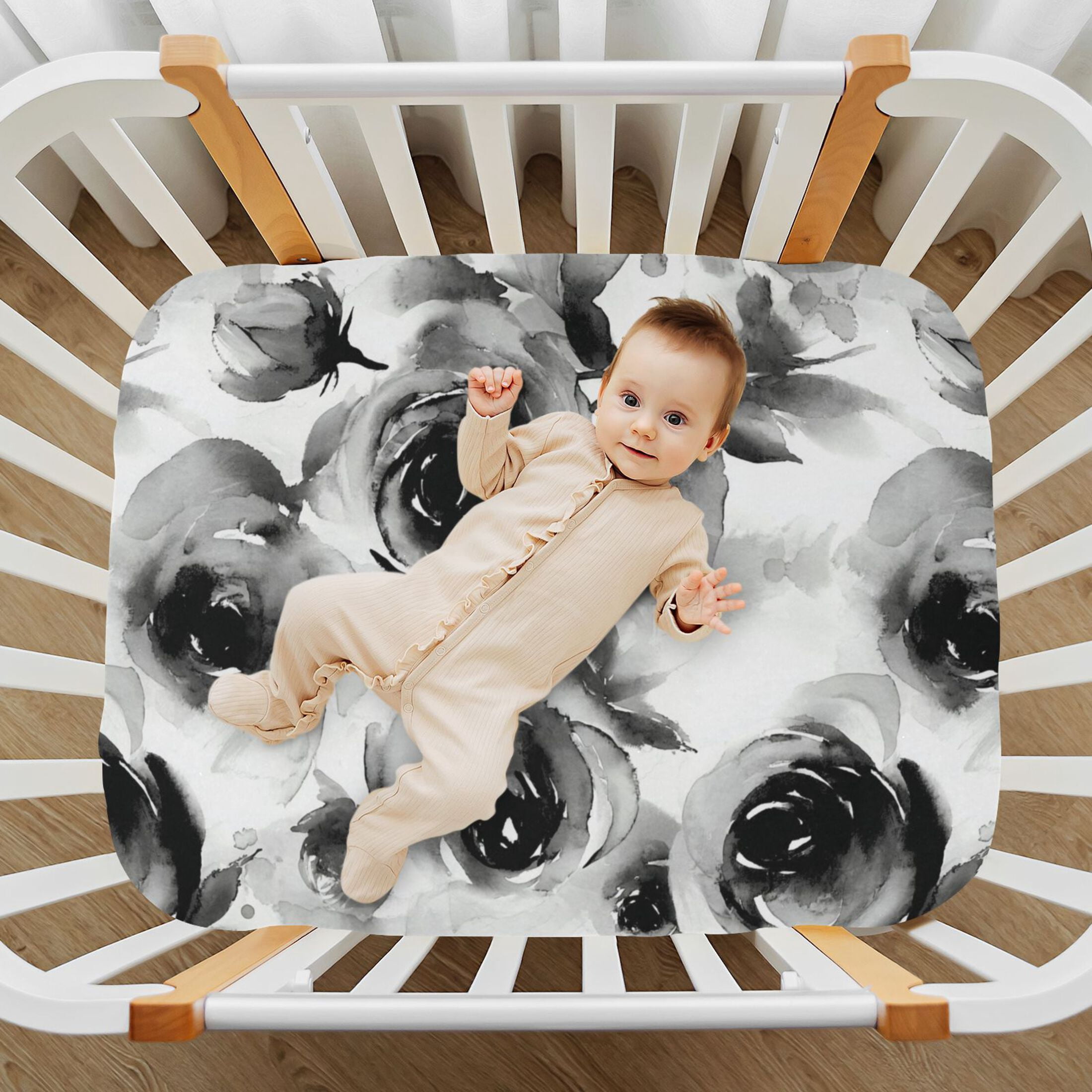 Baby Essentials 52”x 28”- Standard Cotton-like Modal Elastic- Ink Rose Design Crib Sheets for Newborns and Toddlers