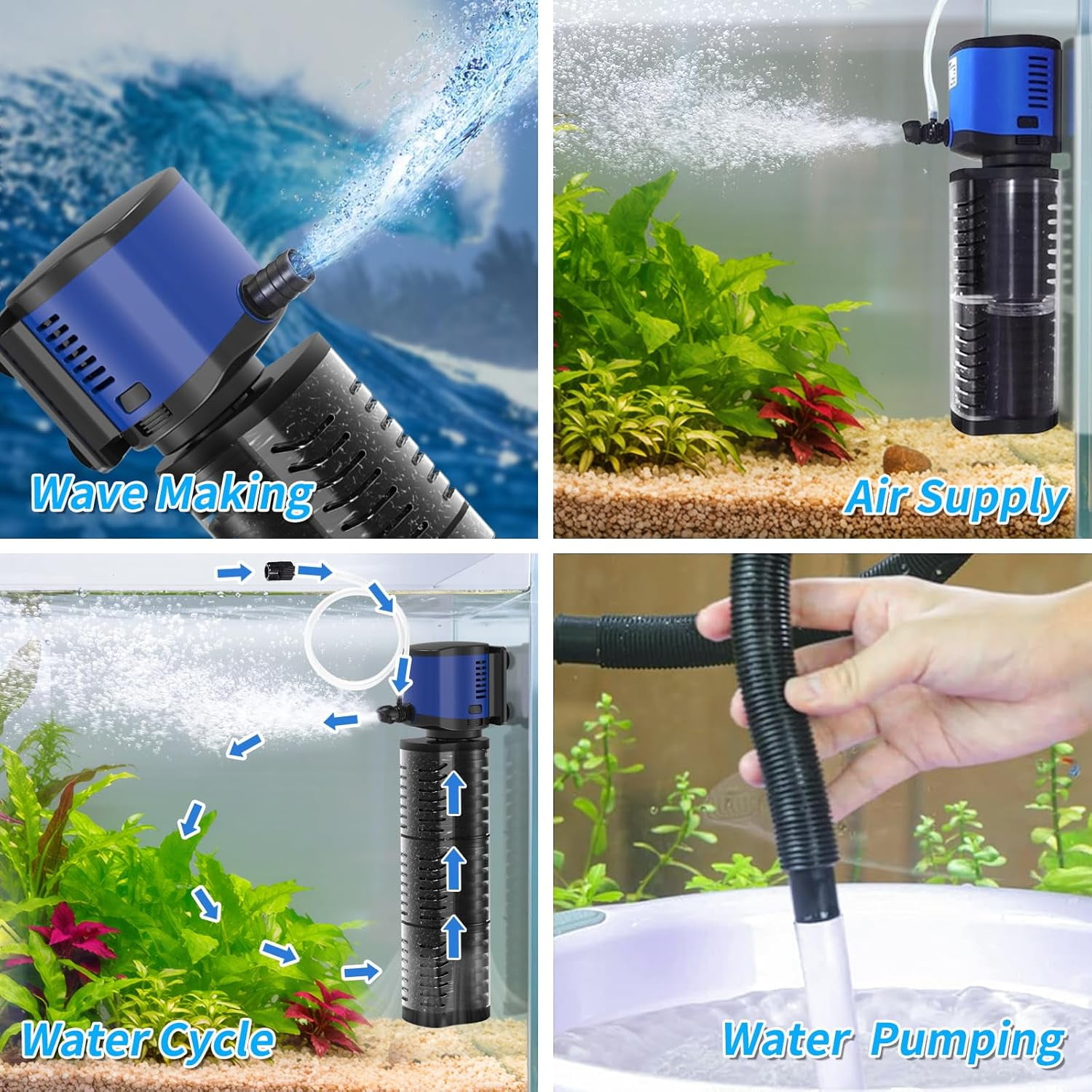 Adjustable Submersible Aquarium Filter 4-in-1 Biochemical Filtration 264GPH for 20-75 Gallon Fish Turtle Tanks Freshwater Saltwater