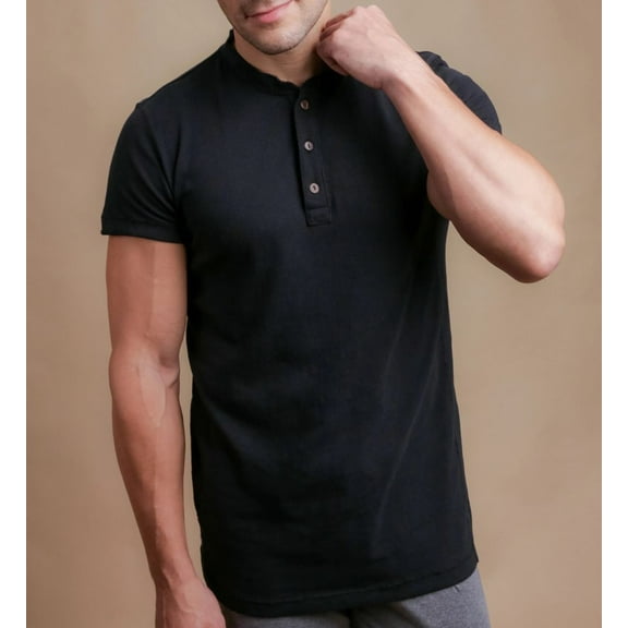 Men's Cottonique M17777 Latex Free Organic Cotton Henley T-Shirt (Black 2XL)
