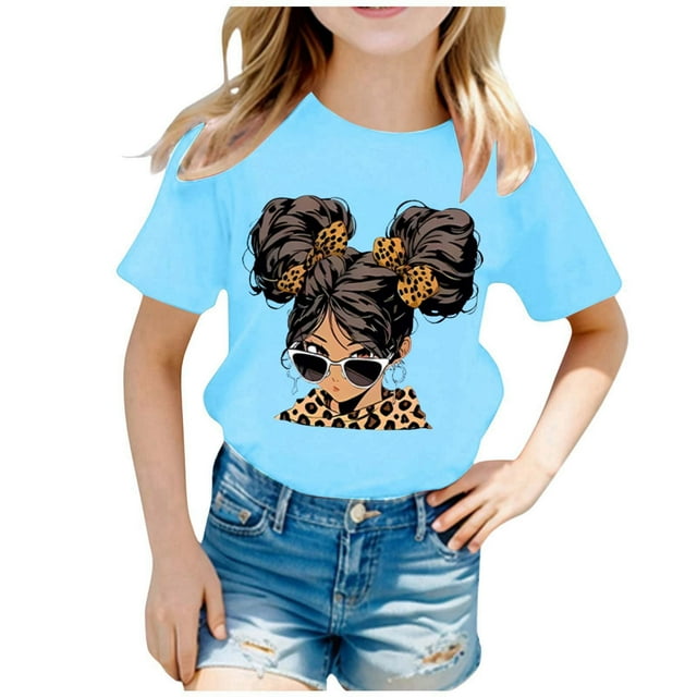 LUOGENLI T-Shirt pour Filles Enfant Filles Mignon Mode Imprimé Col Rond Ample Manche Courte Tee Été Décontracté T-Shirt Hauts Chemises pour Filles Tendance Printemps Bleu 8-10 Ans