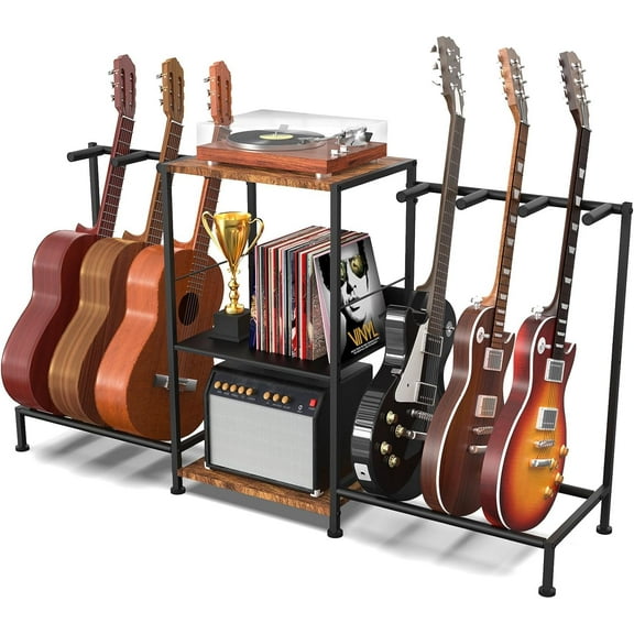 Guitar Stand for Acoustic Multiple Guitars Holder with 3-tier Storage Shelf, Guitars Display Rack Guitar Amp Accessories with Soft-Padded Protect Multi Guitar Stand for Home Studio Music Room