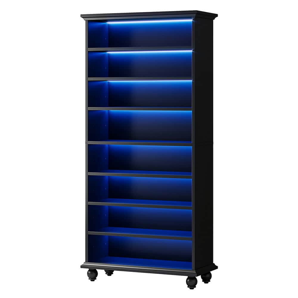 Spaco 9-Tier Bookcase Wood Bookshelf, Sturdy Bookcase with LED Lighting & Solid Wood Legs for Indoor as Home, Black