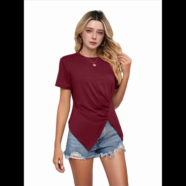 Camiseta de Corta con Cuello Redondo para Mujer, Túnica con Abertura Frontal, Informal, Holgada, Color Rojo Vino, Talla M
