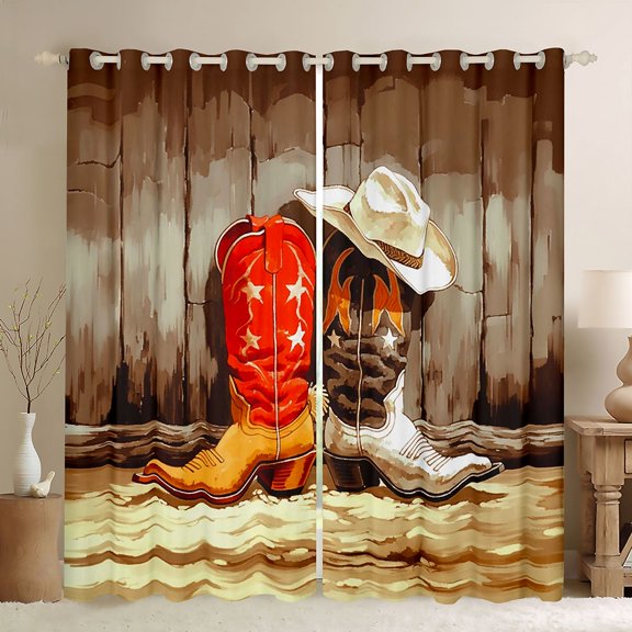Homewish Teens Boys Girls Western Boots Black Out Curtains,Lodge Cabin Curtains Pack of 2 (42x63 Each),Retro Rustic Farmhouse Bedroom Curtains,Super Cozy Room Decor