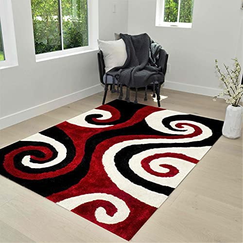 HR HANDCRAFT RUGS, Lava shag Rug 8x10 for Living Room Decor 2021 Rug Trends Bright Modern Swirls Pattern, 3-D Hand Curved Shaggy Lava red/Black/Cream