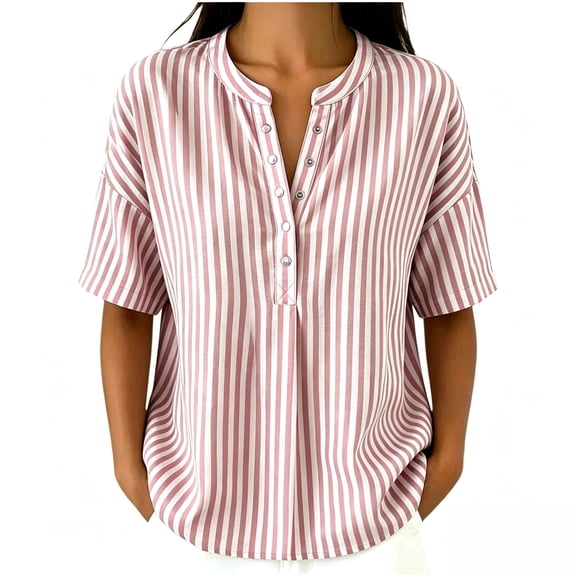 Mifsaly Womens Striped Henley Shirts Short Sleeve V Neck T-Shirts Loose Fit Lightweight Casual Summer Tunics Tops Coffee,M