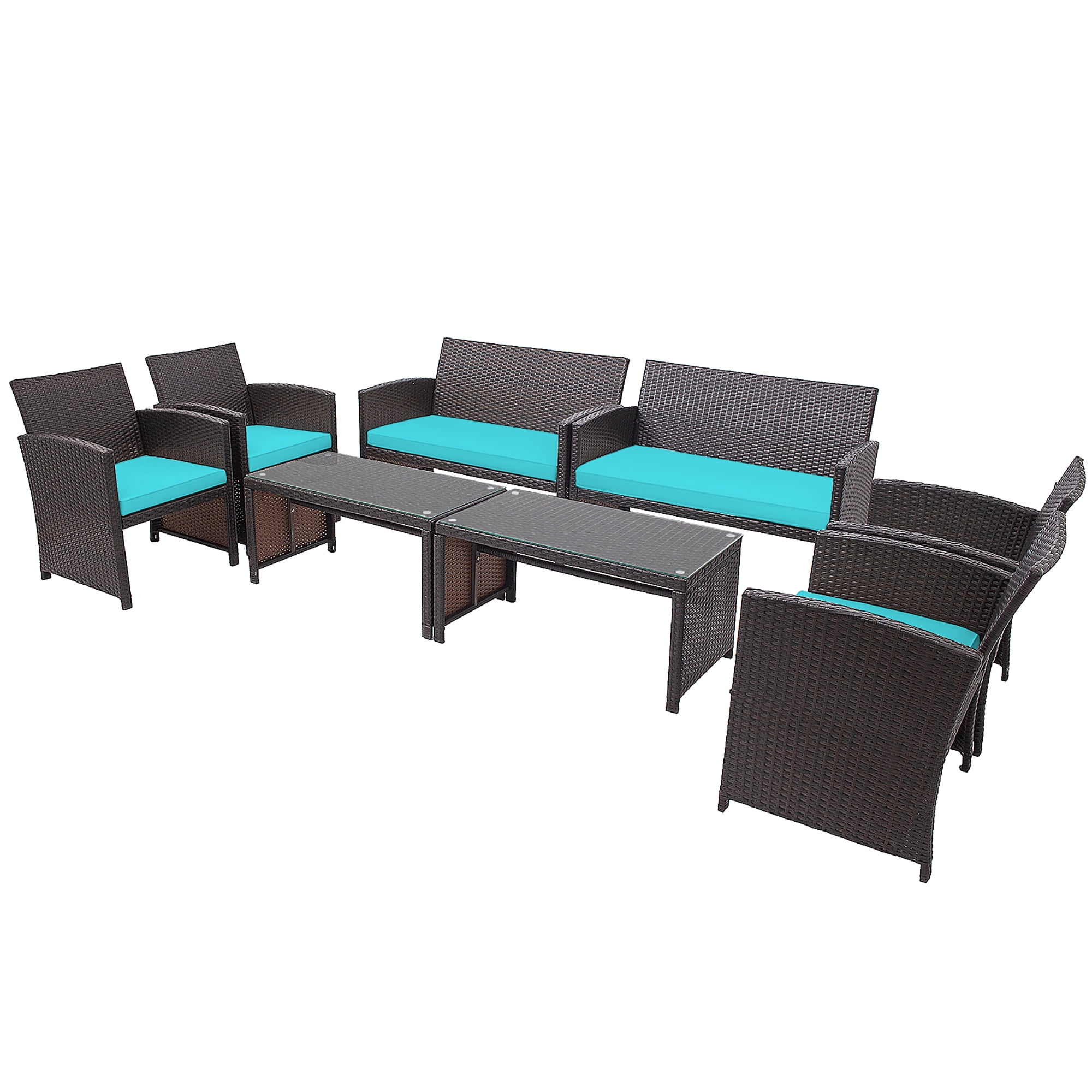 Costway 8PCS Patio Rattan Furniture Set Cushioned Chair Sofa Table Turquoise