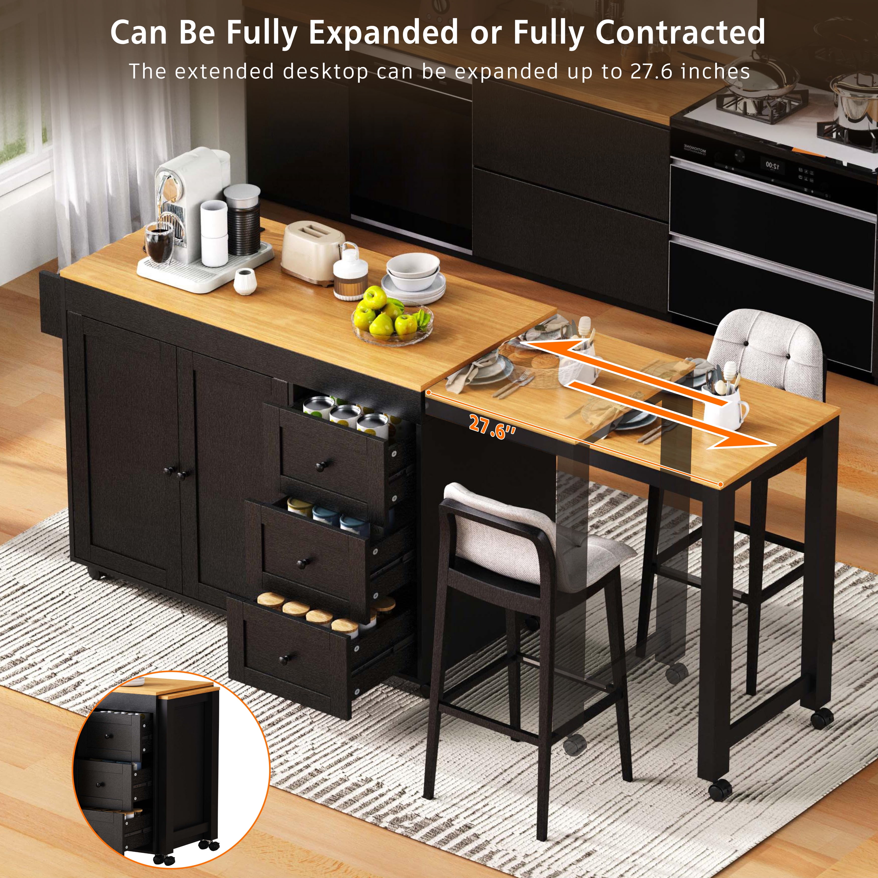 74.8-Inch Kitchen Island with Extendable Dining Table and Power Outlet, Rolling Kitchen Cart with 3 Drawers and Spice Rack for Kitchen, Black