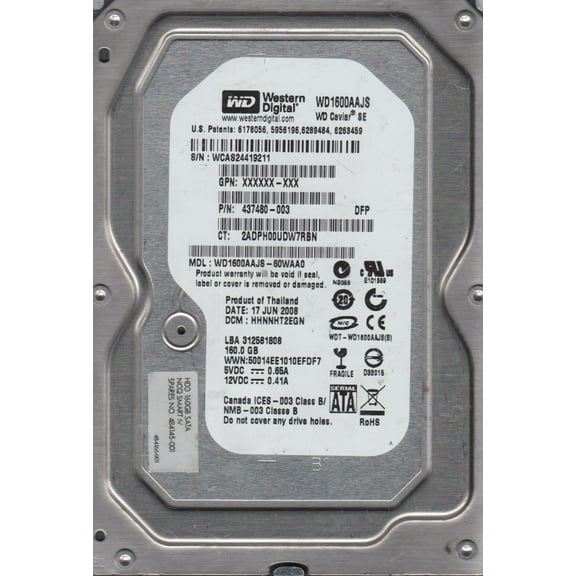 WD1600AAJS-60WAA0, DCM HHNNHT2EGN, Western Digital 160GB SATA 3.5 Hard Drive