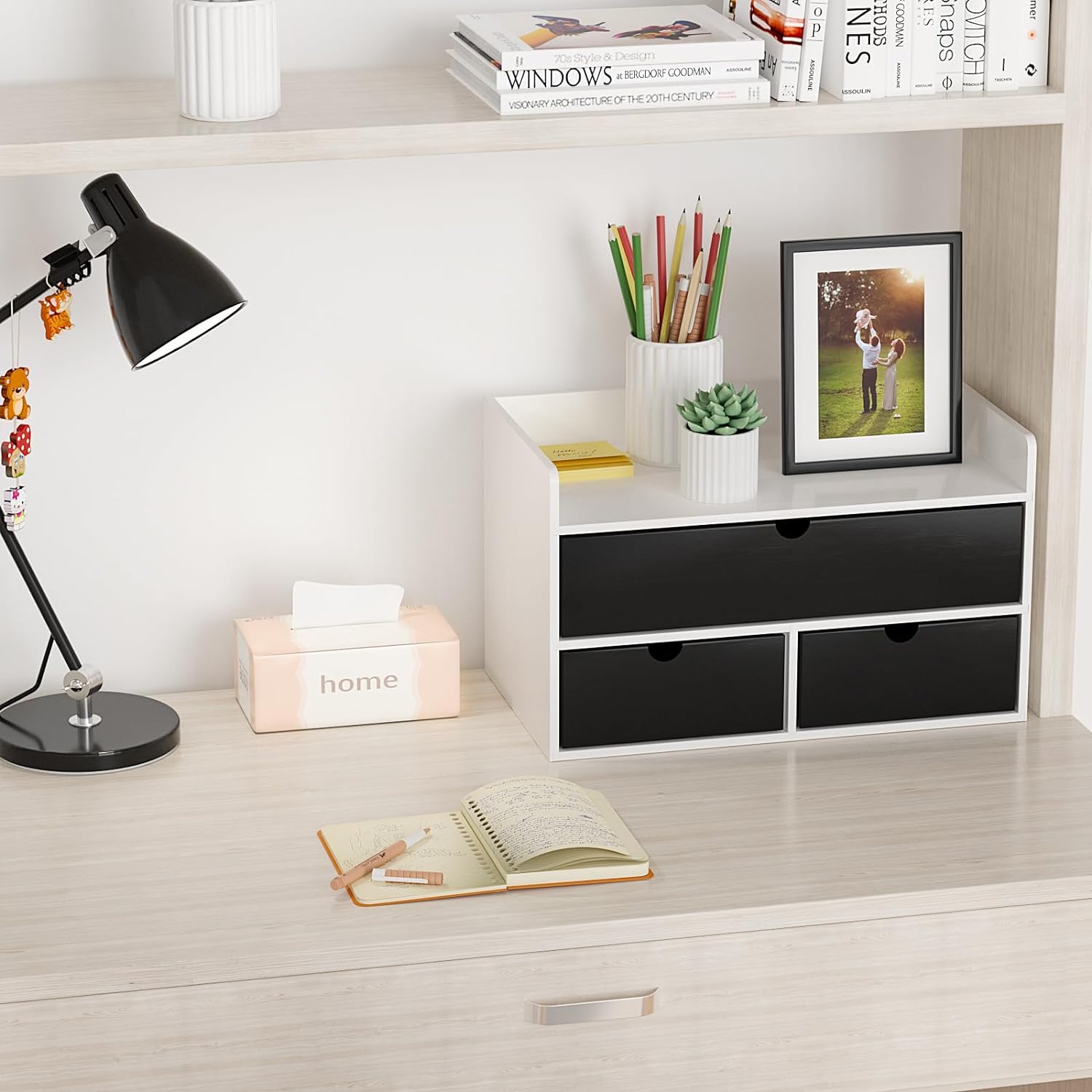 Bamboo Desk Organizer with Drawers - White Black Wood Desktop Storage for Office Supplies, Bills, Cosmetics, No Assembly Required