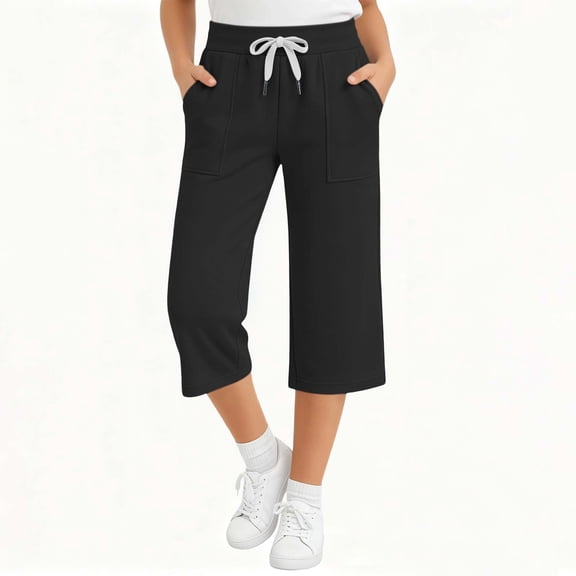 CQONEPT Girls Capris Elastic Waist Straight Leg Active Cropped Sweatpants Breathable Casual Pants with Pockets Black 9-10Years