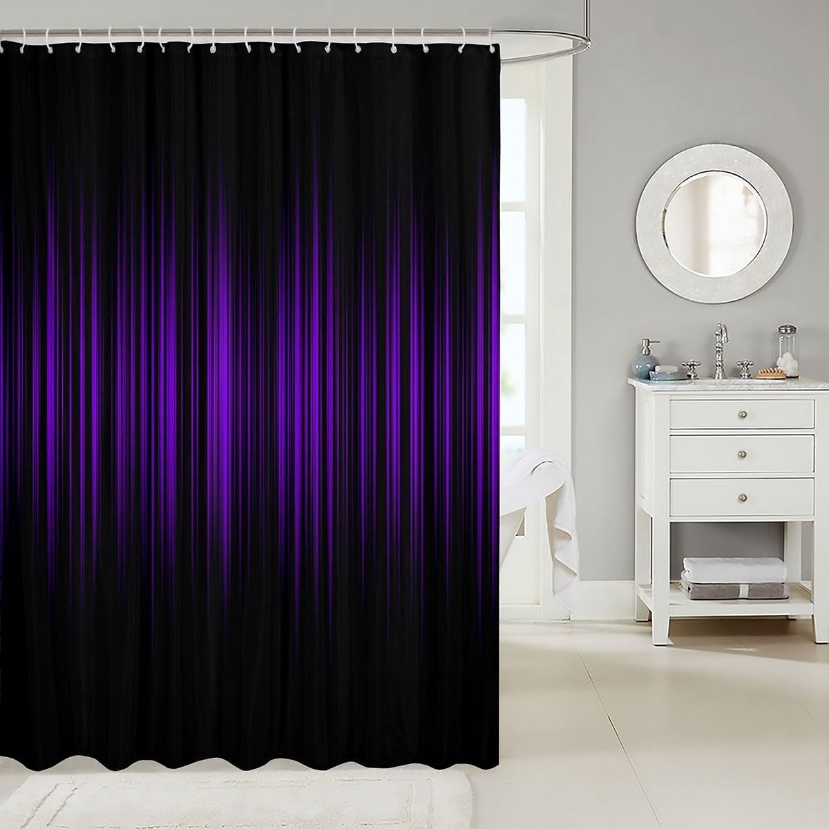 Purple and Black Bathroom Shower Curtain Set Abstract Ombre Bath Curtain Gradient Purple Lines Shower Curtain Purple Black Gradient Bathroom Accessories with Hooks 60"W x 72"L (Pack of 1)