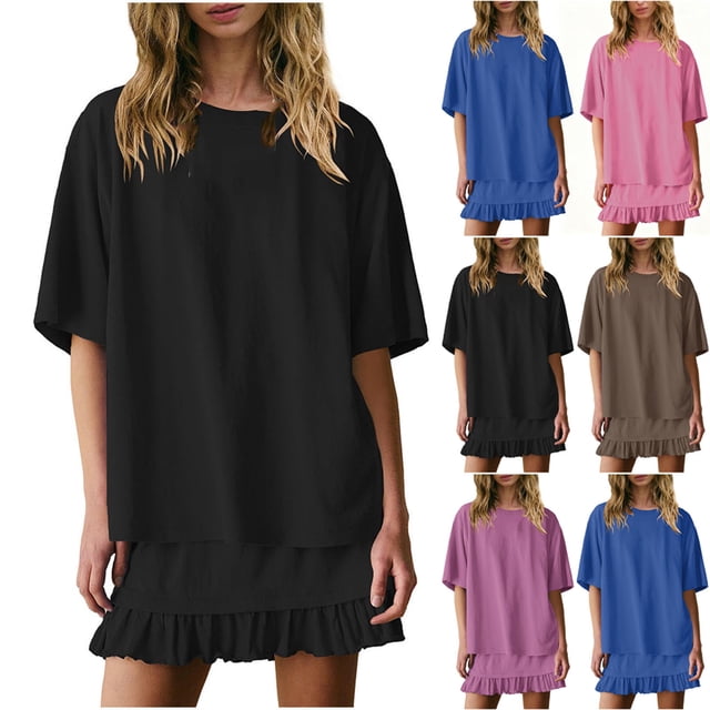 Mceream Ensembles Jupe Femmes Tenues 2 Pcs Chic Été Décontracté Col Rond Manches Courtes Hauts et Jupes Mini Fluides à Volants Superposés Tenues de Plage Ensembles Jupe Vacances Noir m