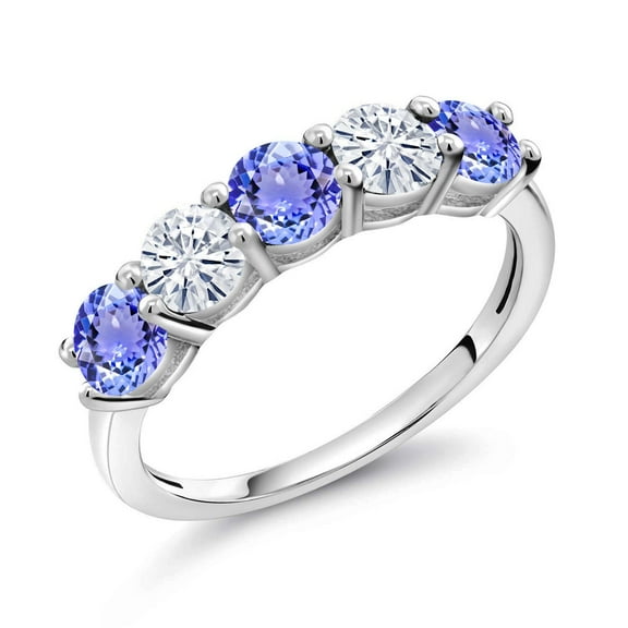 Gem Stone King 925 Sterling Silver Blue Tanzanite and White Moissanite Wedding Band Ring for Women (0.86 Cttw, Round 3.5MM, Gemstone December Birthstone, Size 6)