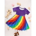 thumbnail image 2 of MORTTIC Toddler Girls' Vibrant Rainbow Striped Dress with Flutter Trim Summer Short Sleeve Round Neck Casual Dress Perfect for Parties & Gifts, 2 of 7