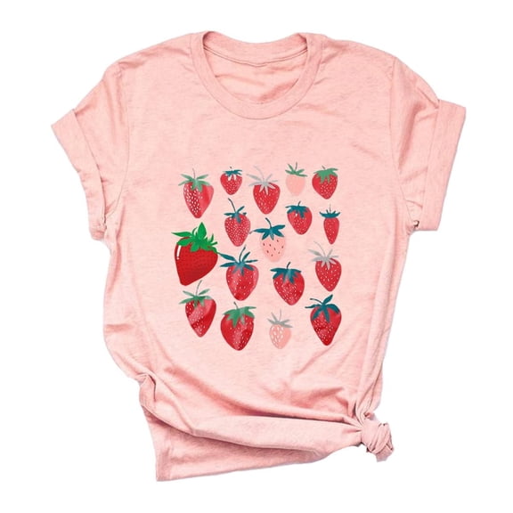 VILOVE Women Strawberry Cute Graphic T-Shirts Fruit Shirts Strawberries Print Cottagecore Clothing T-shirt Crew Neck Garden Tee Tops