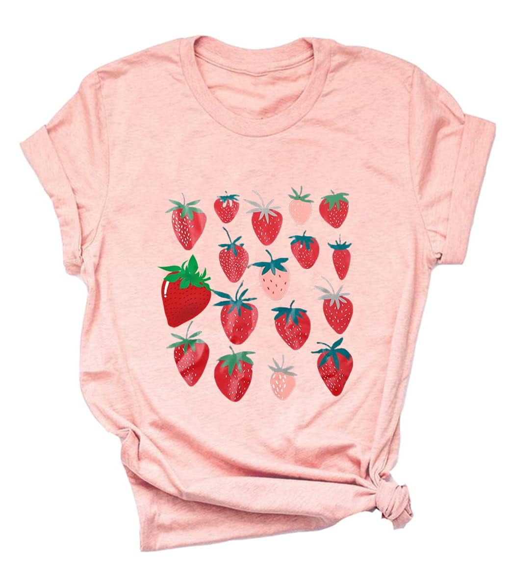 VILOVE Women Strawberry Cute Graphic T-Shirts Fruit Shirts Strawberries Print Cottagecore Clothing T-shirt Crew Neck Garden Tee Tops