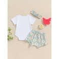 thumbnail image 6 of vera natura Baby Girl Summer Outfits Letter Rainbow Floral Print Short Sleeve Rompers Shorts Headband 3Pcs Clothes Set, 6 of 9