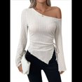 thumbnail image 3 of Top de Punto Ajustado con Hombros Descubiertos Y2K para Mujer, Top Asimétrico de Larga Acampanada Albaricoque XXL, 3 of 9