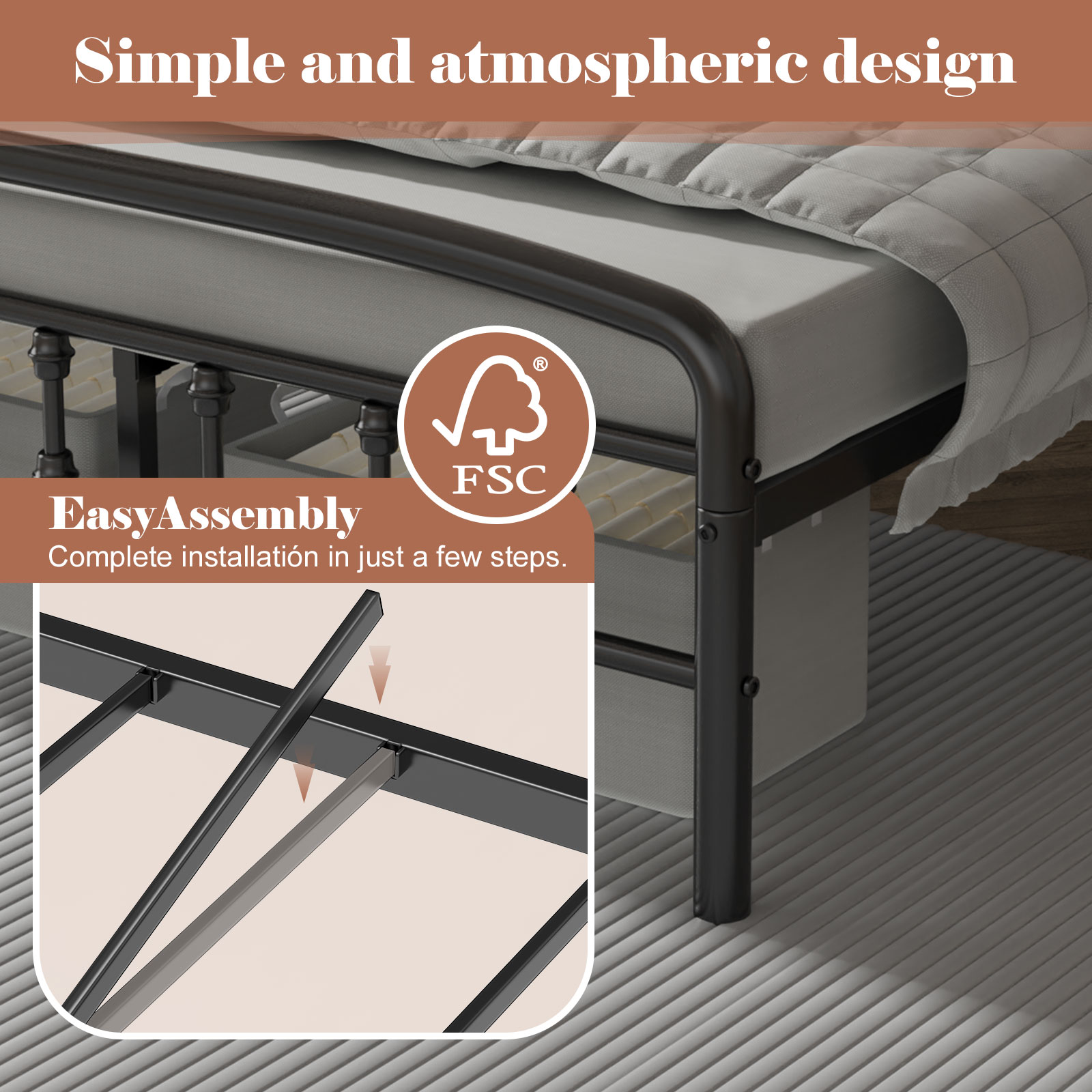 Kinsfook Metal Full Size Bed Frame with Victorian Headboard, Black photo 6
