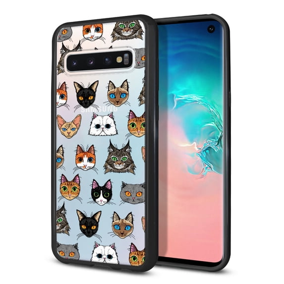 FINCIBO Slim TPU Bumper + Clear Hard Back Cover for Samsung Galaxy S10 G973 6.1", Cat Faces Pattern