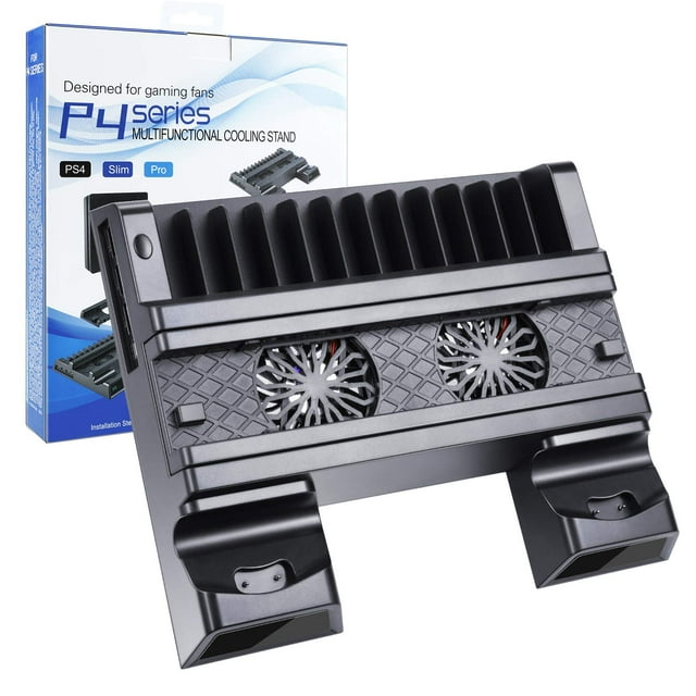 Support de Refroidissement Ps4, Support de Refroidissement 2-en-1 Support Vertical Ps4 Support Support Ventilateur pour Playstation 4 Pro / Slim / Station de Recharge pour Manette Ps4, Noir