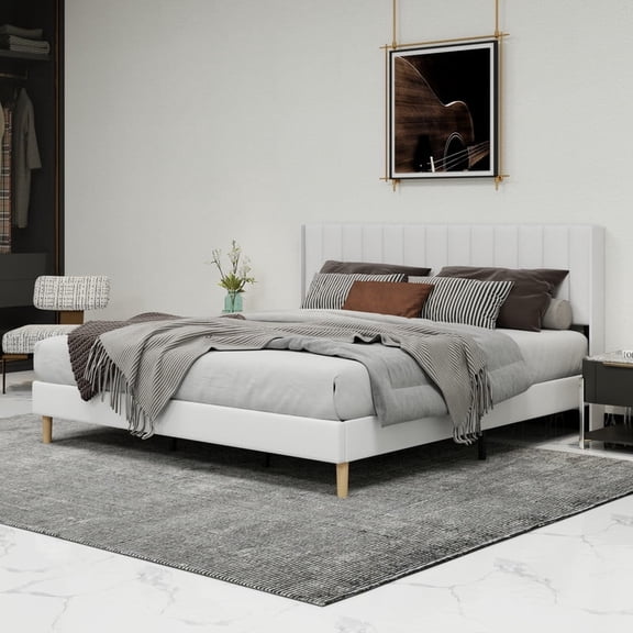 Pillfn Upholstered Platform King Size Bed Frame with Headboard Wooden Slats Support,White