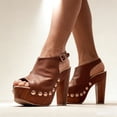 thumbnail image 4 of FSJ Women Studded Platform Heels Slingback Sandals Wooden Block Heel Ankle Strap Peep Toe Mules Shoes Size 8 Brown, 4 of 5