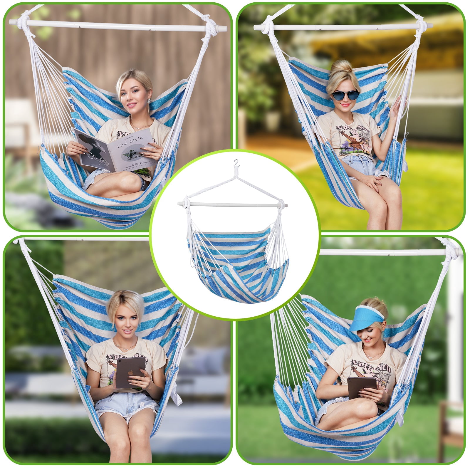 Backyard Expressions Striped Hammock Chair Hanging Rope Swing Chair, Anti Slip Steel Spreader Bar