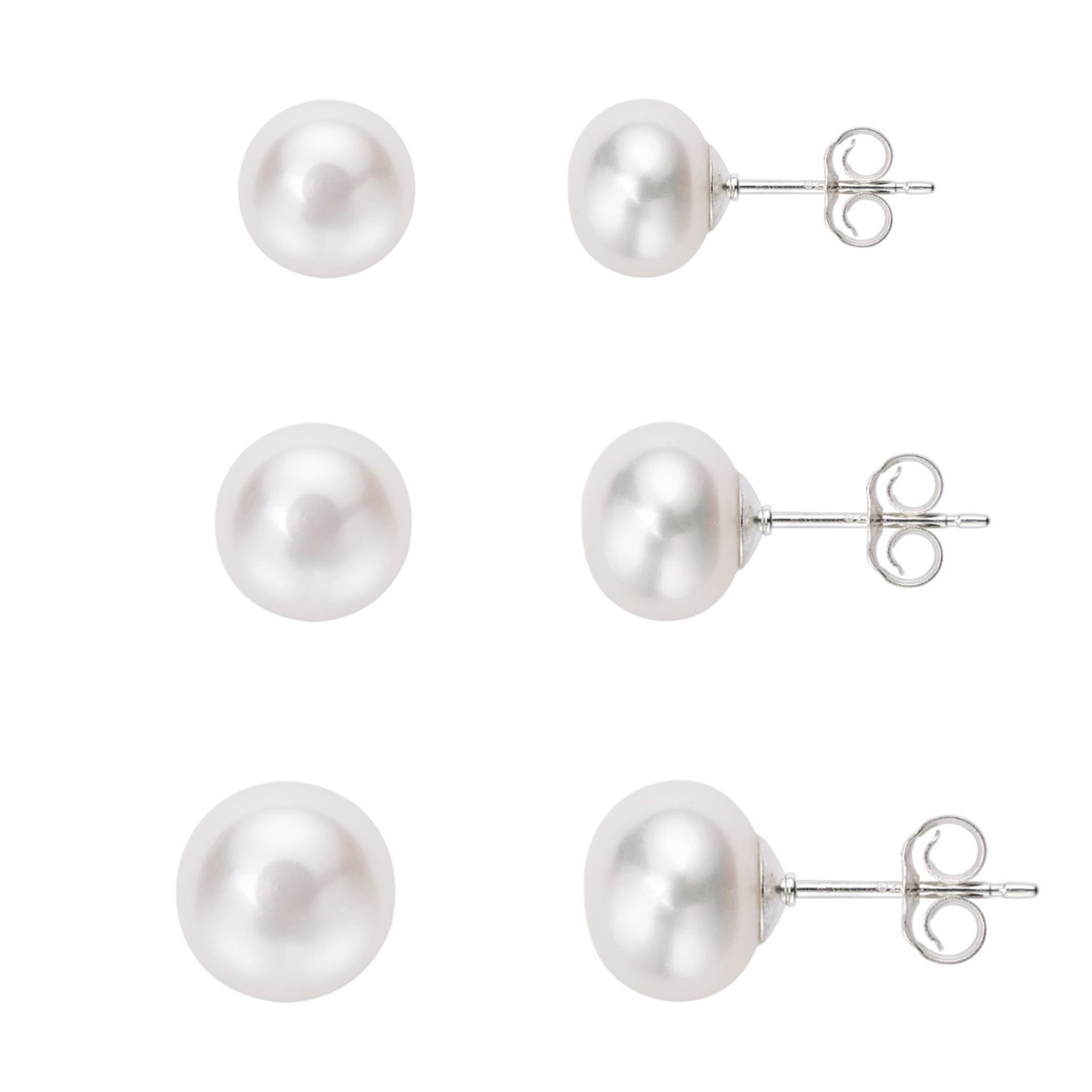Cultured Pearl Stud Earrings Sterling Silver Set of 3