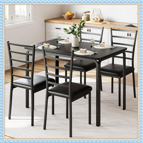 5-Piece Dining Table Set for 4, Space-Saving Kitchen Table and Chairs with Cushions, Metal Frame, Dining Table with 4 Chairs for Small Space, Black